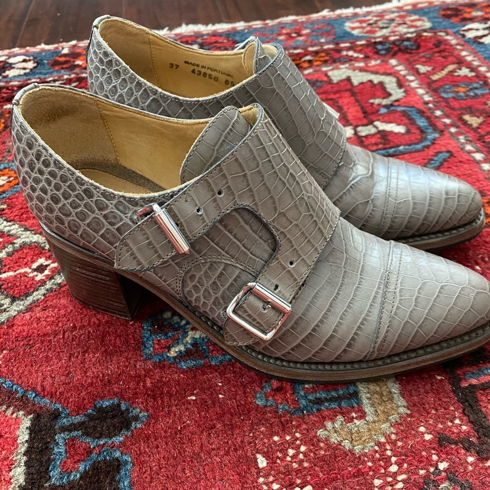 Angela Scott monk strap mid heel grey croc